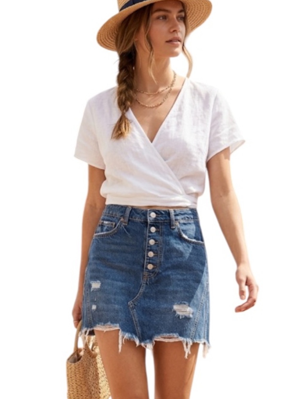 Free People We The Free Harvey Denim Mini Skirt | Distressed Raw Hem 30
F